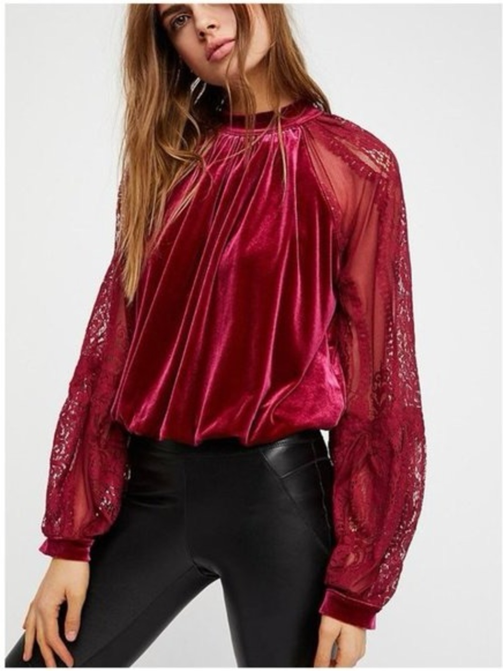 Free People Dream Team Burgundy Velvet Lace Boho Witchy Fairy Festival Top Sz S